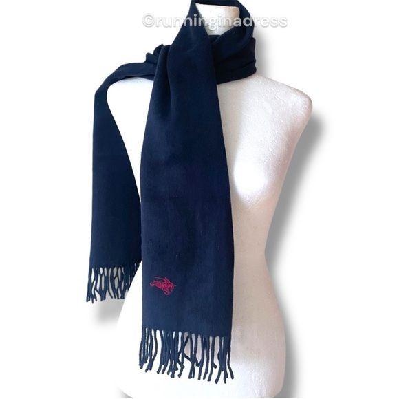 Vintage Cashmere Scarf In Navy Blue With Red Equestrian Knight Design Logo - Picture 2 of 9